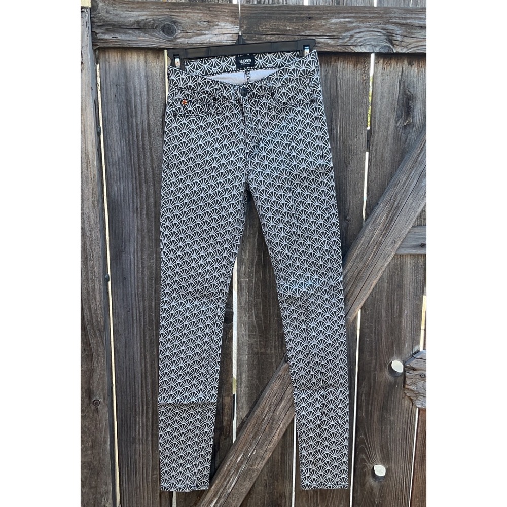 Hudson Jeans Nico Super Skinny Art Deco Fan Print Pants Black White Size 24